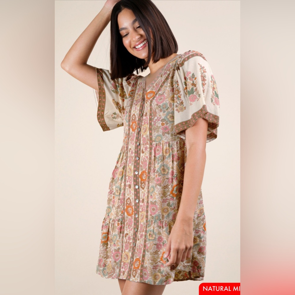 NWT Very J Beige Floral Midi Dress - Picture 5 of 7